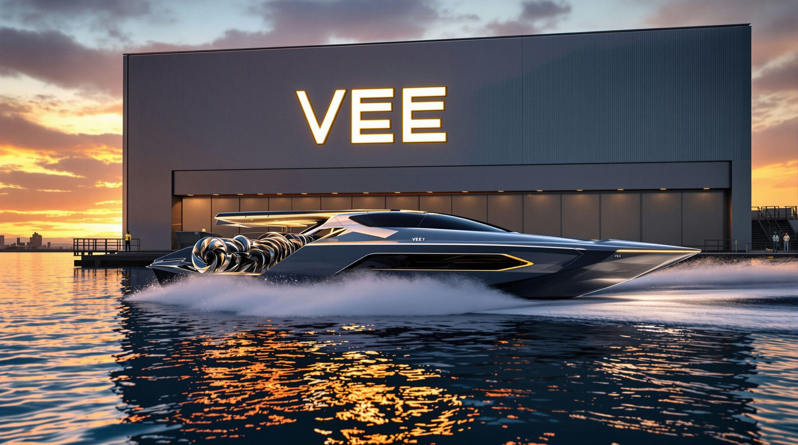 Sleek boat at sunset