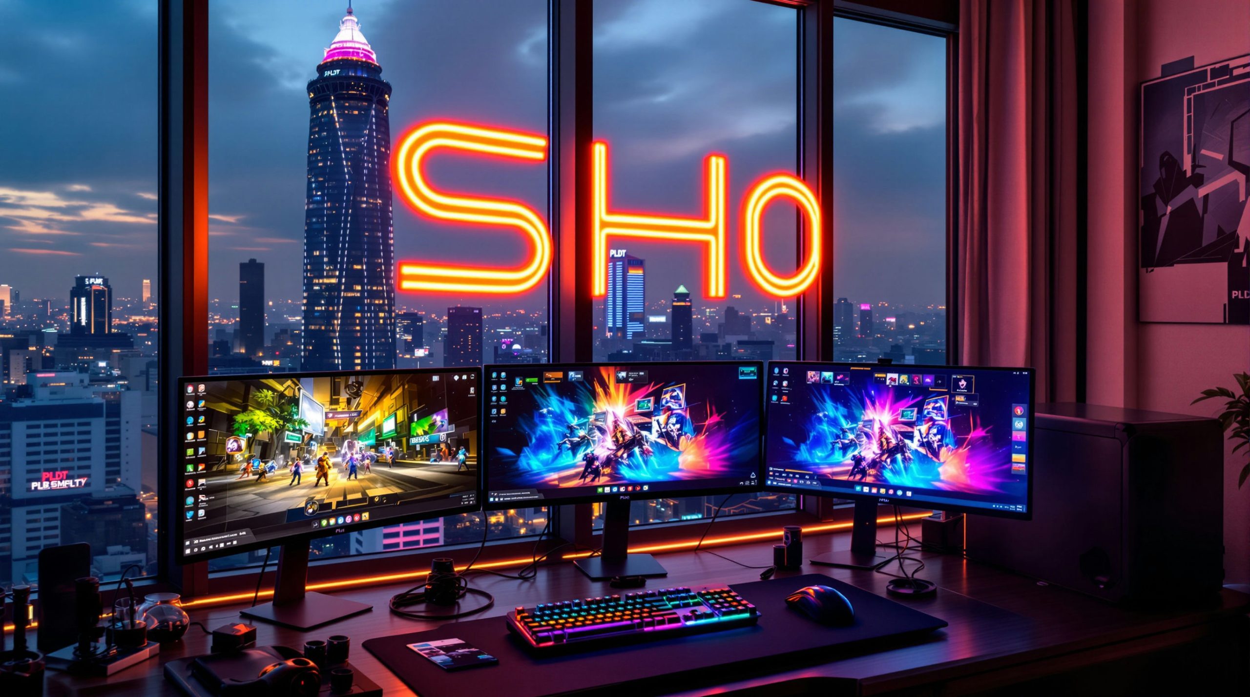 Triple monitors in neon-lit room