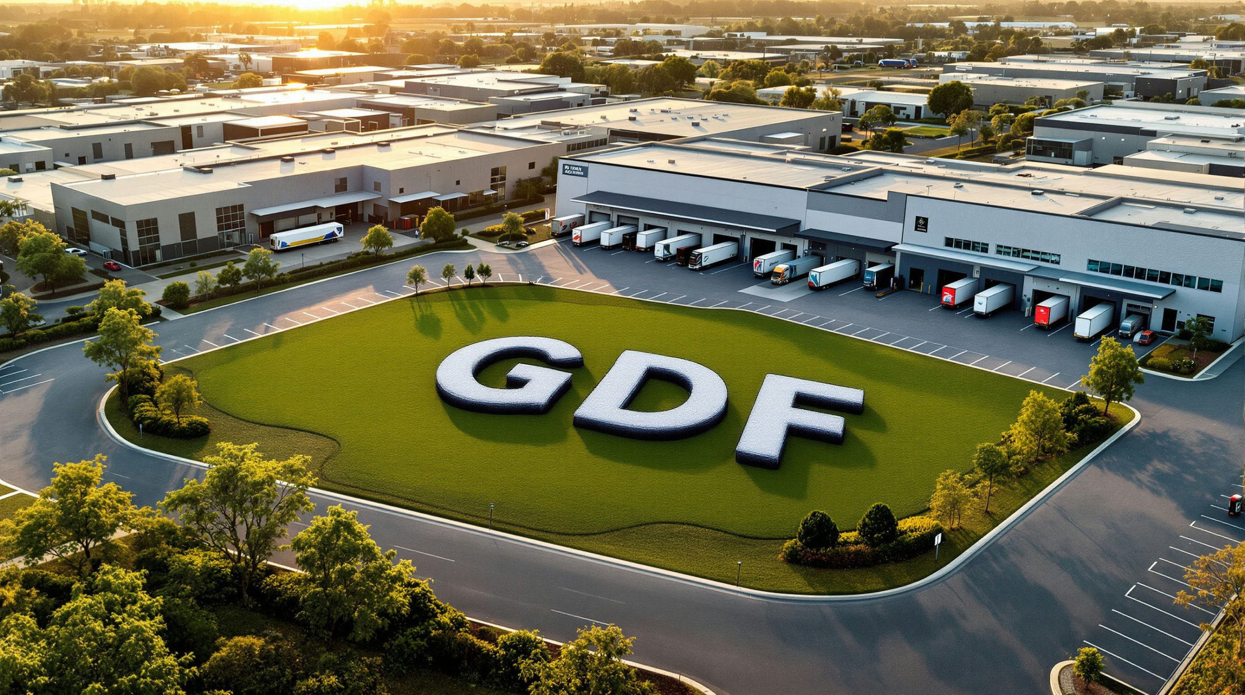 Warehouse with trucks and logo