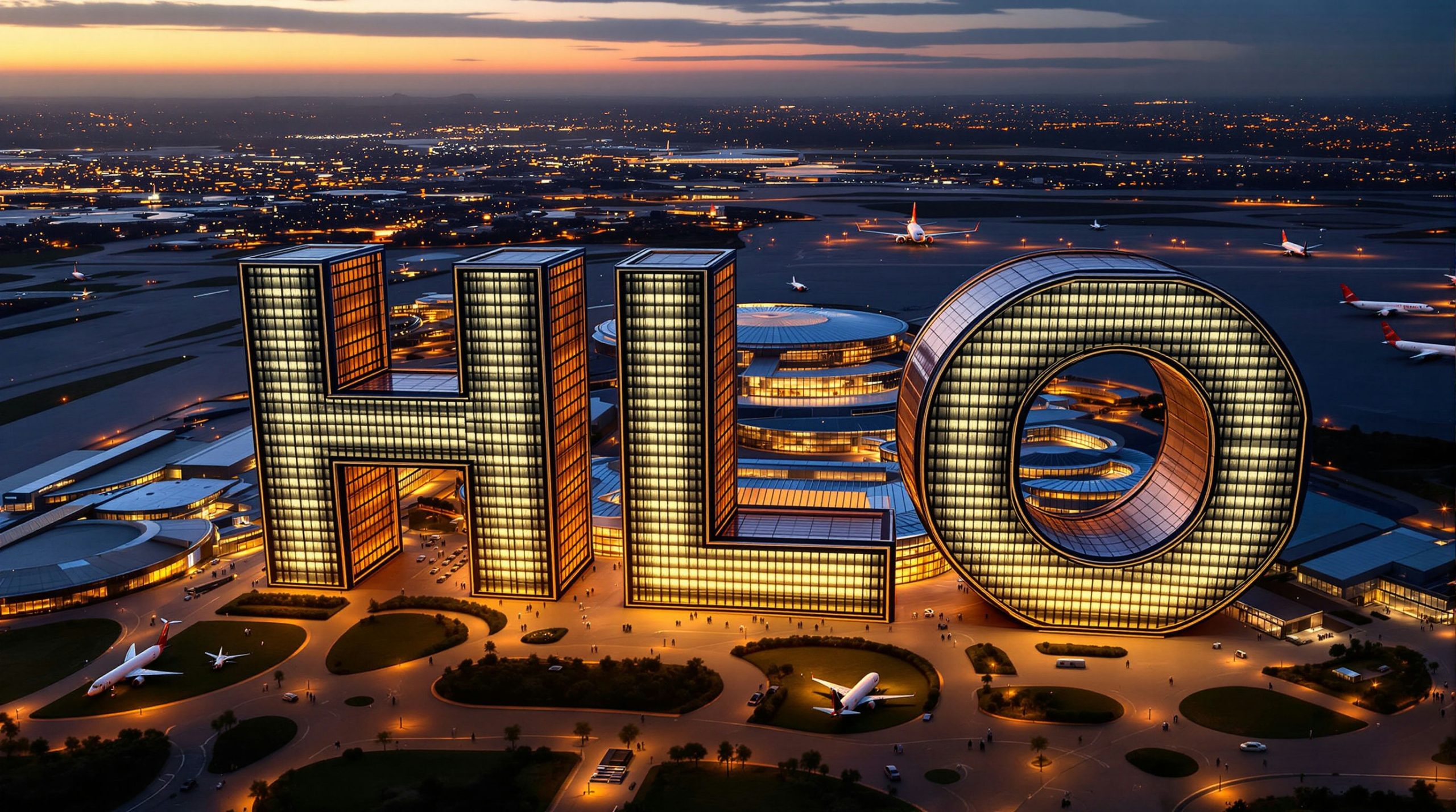 Illuminated airport at dusk
