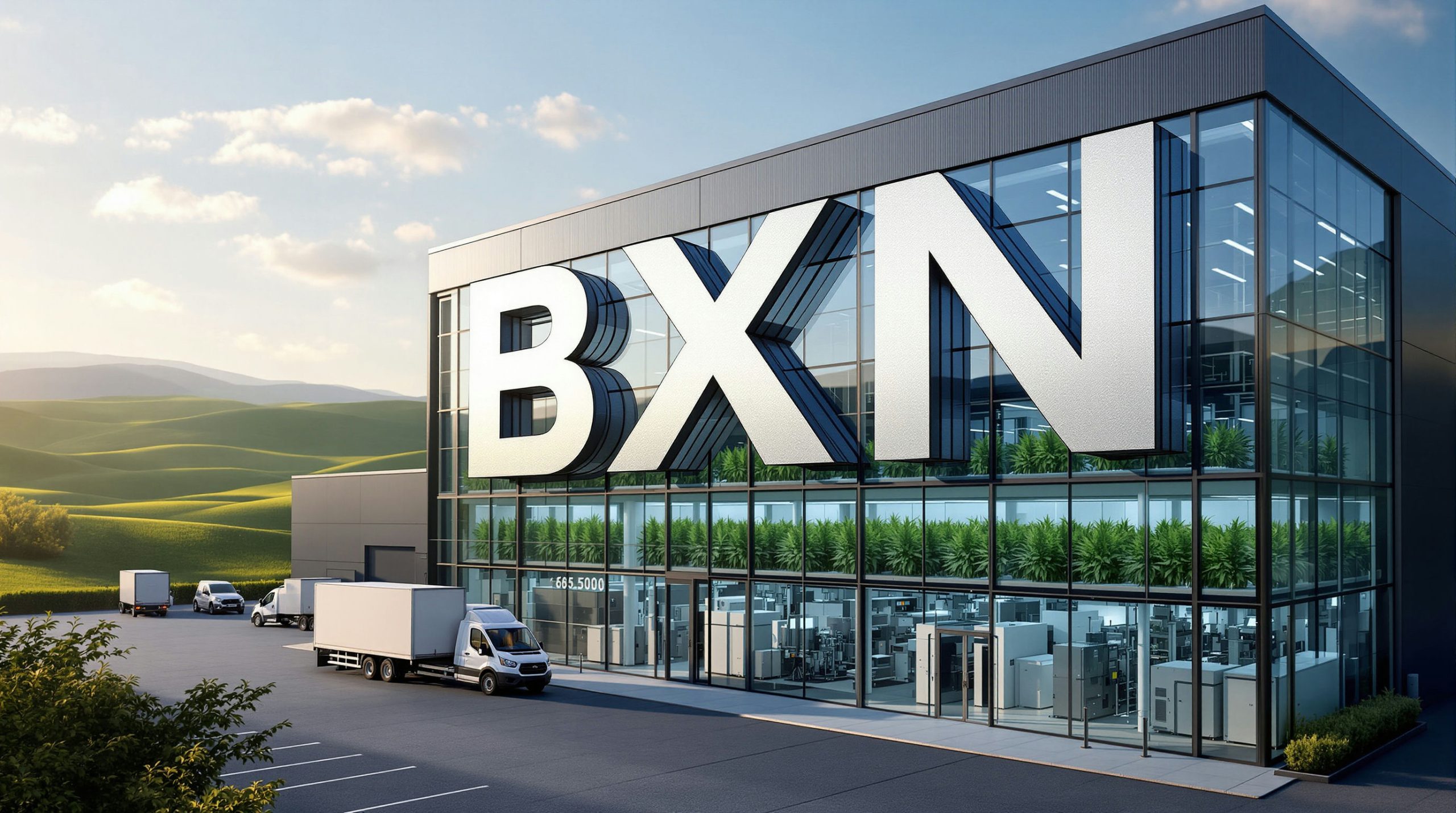 Building with trucks and hills