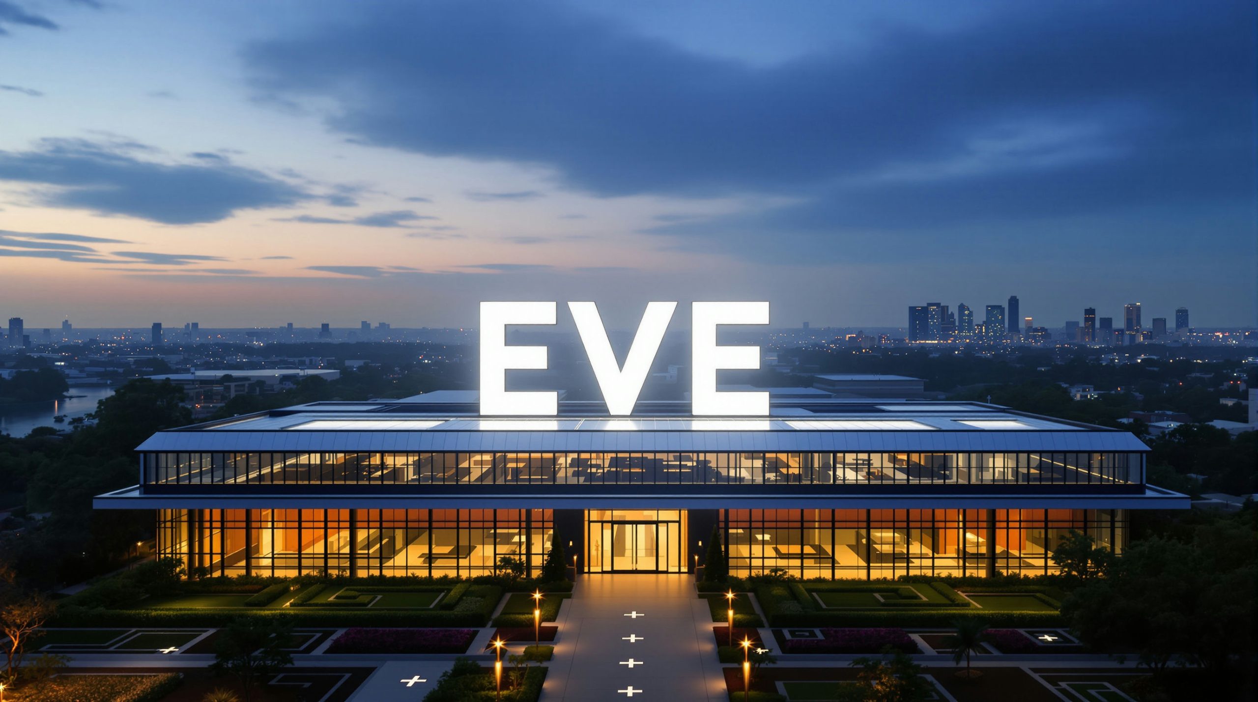 Building with EVE sign at dusk