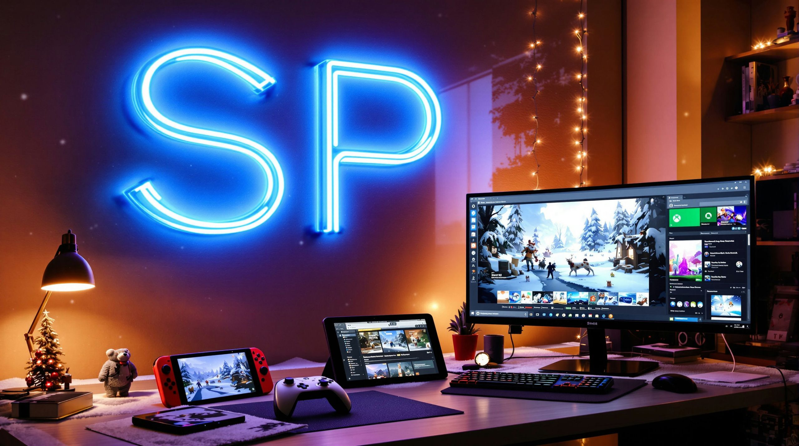 Cozy gaming desk setup