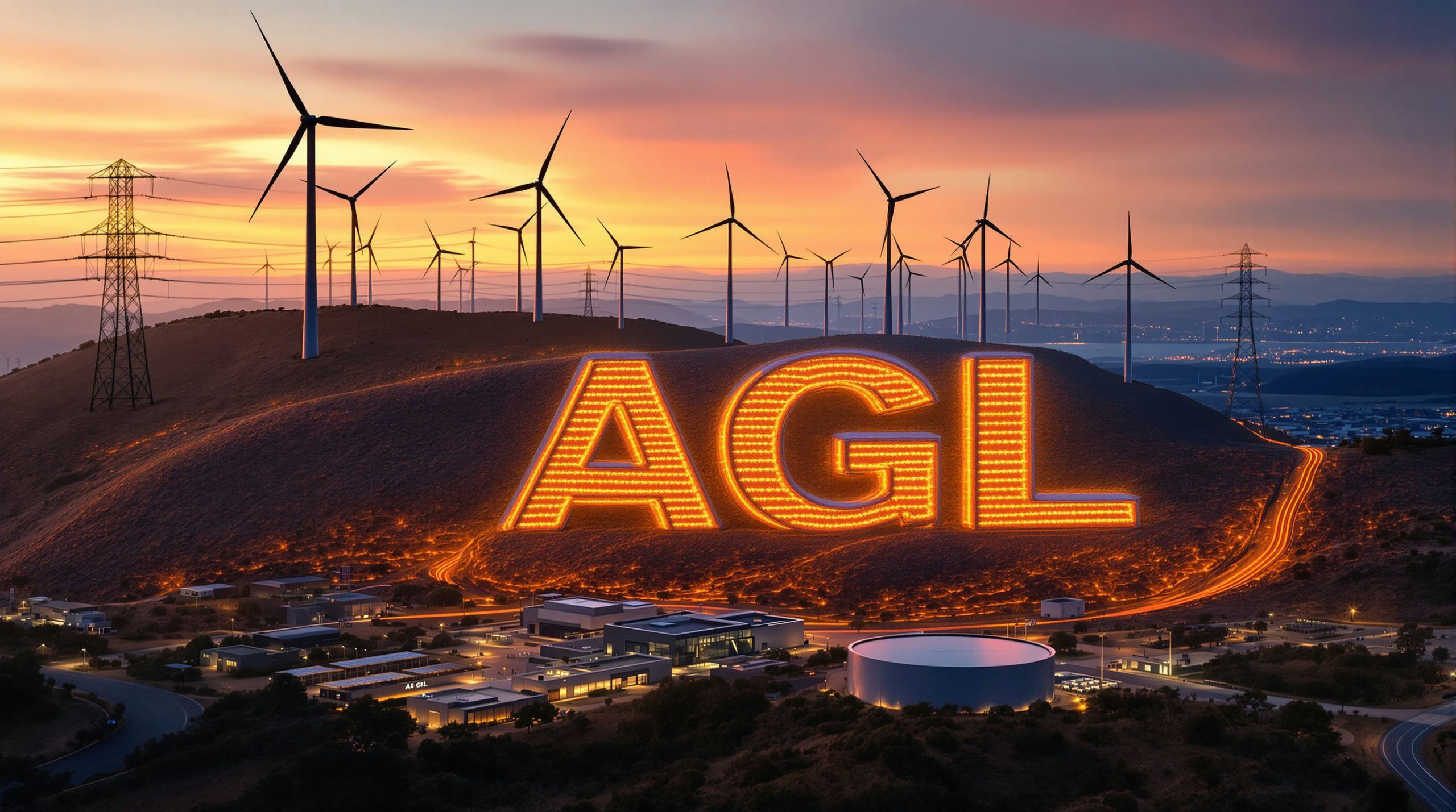 Hill with wind turbines and lights
