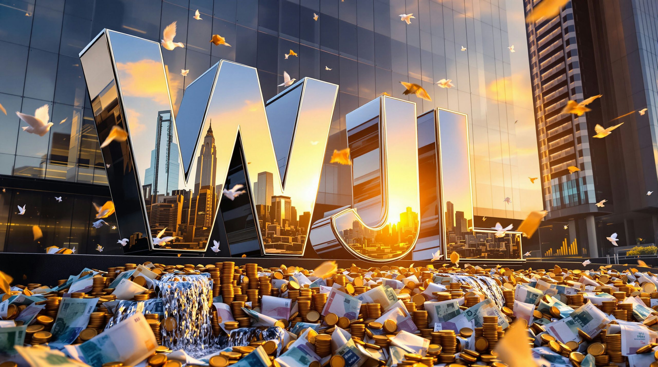 Money, skyline reflection, doves