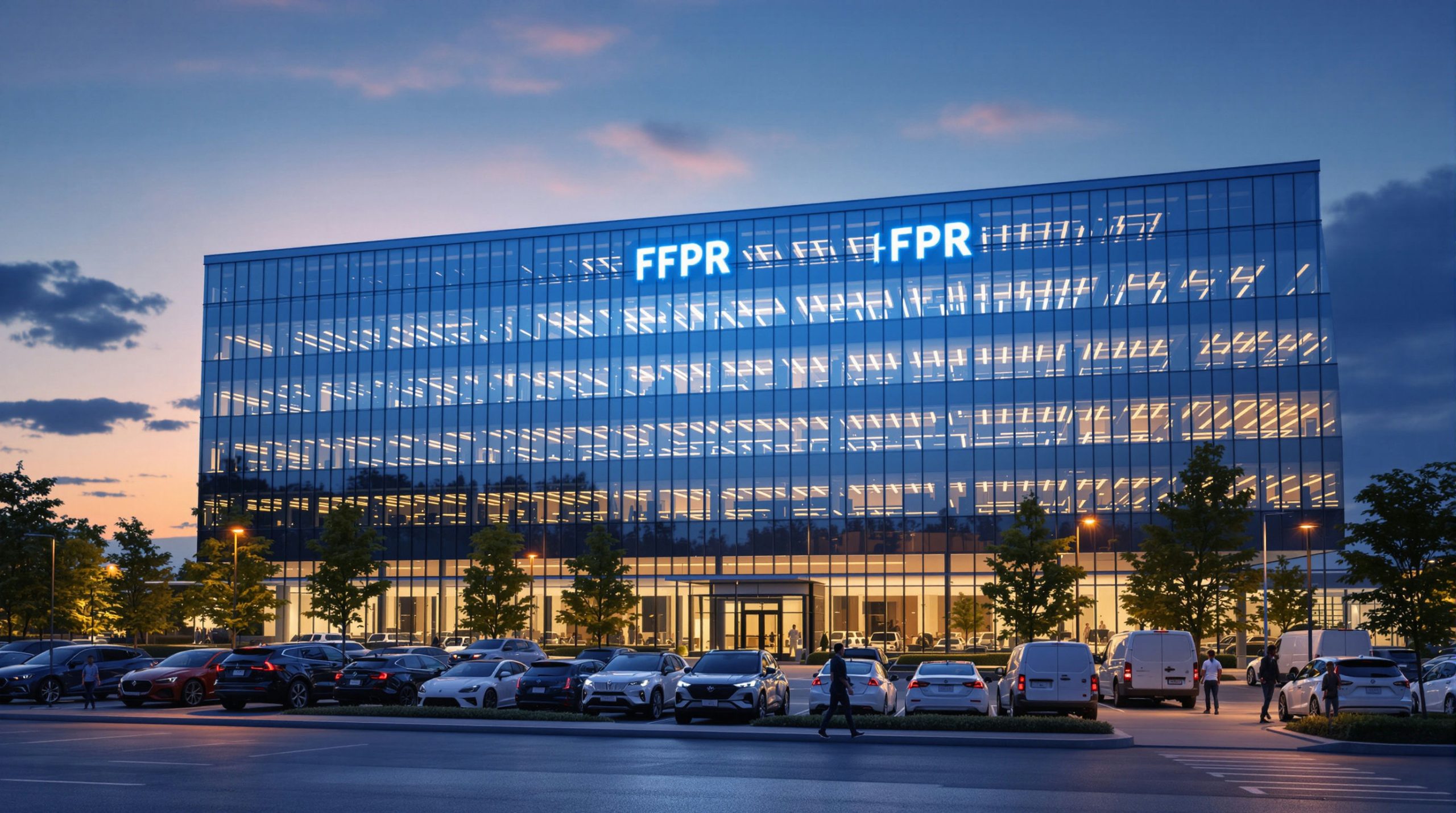 Modern glass building at dusk