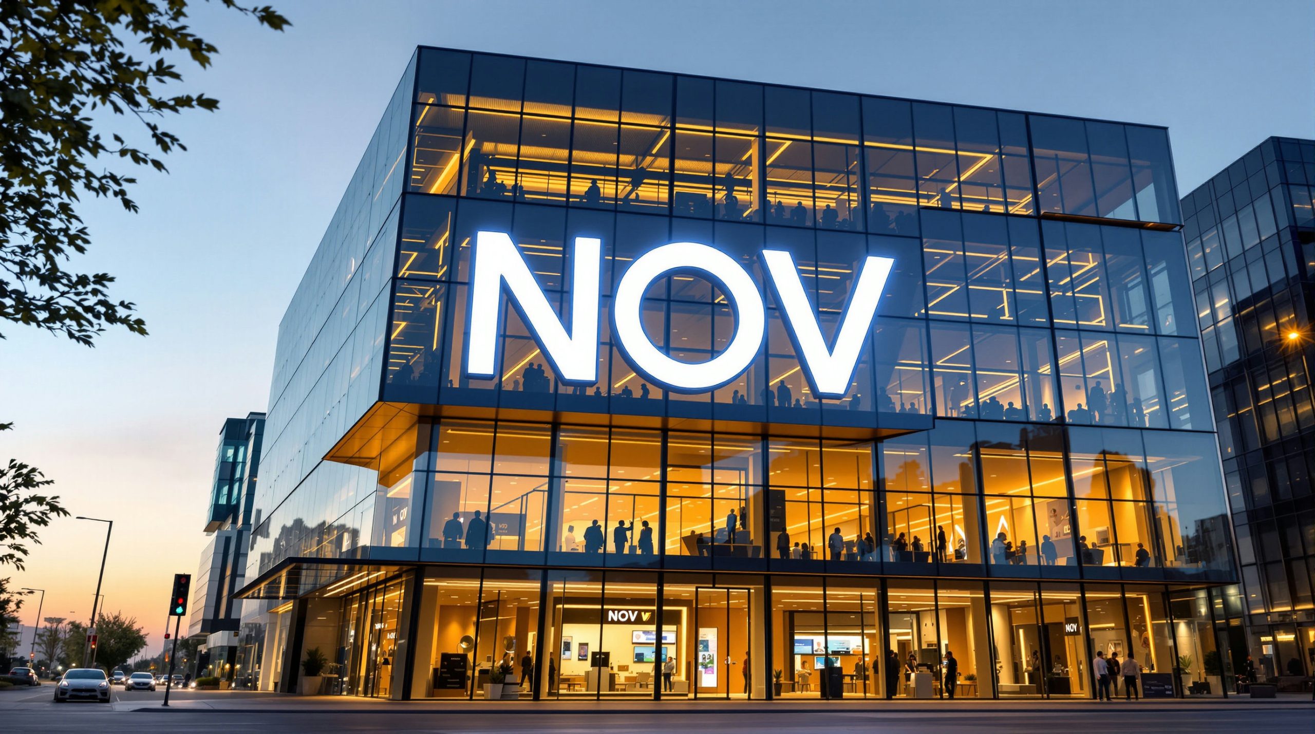 Glass building with NOV sign
