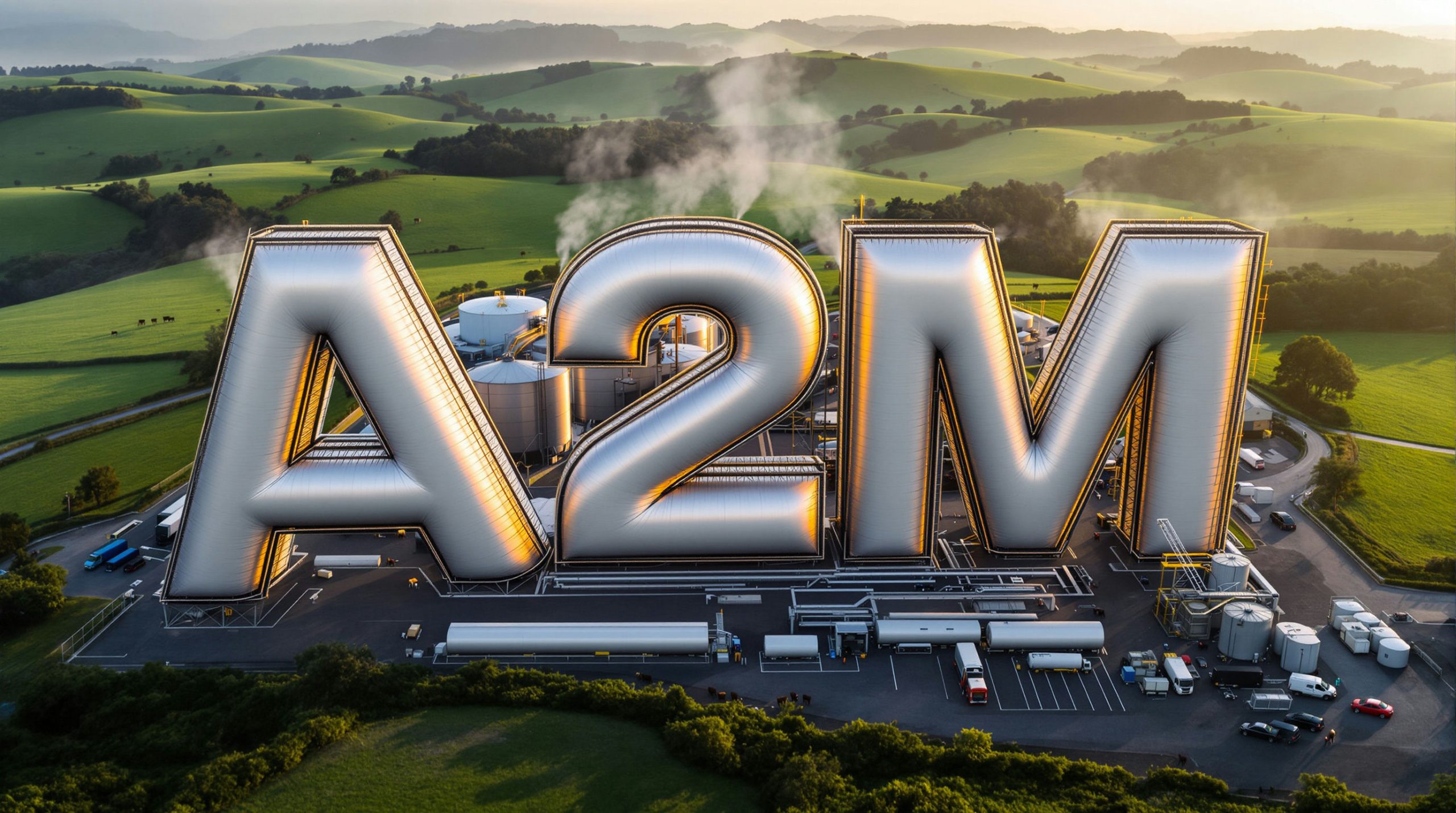 Giant A2M letters, industrial landscape