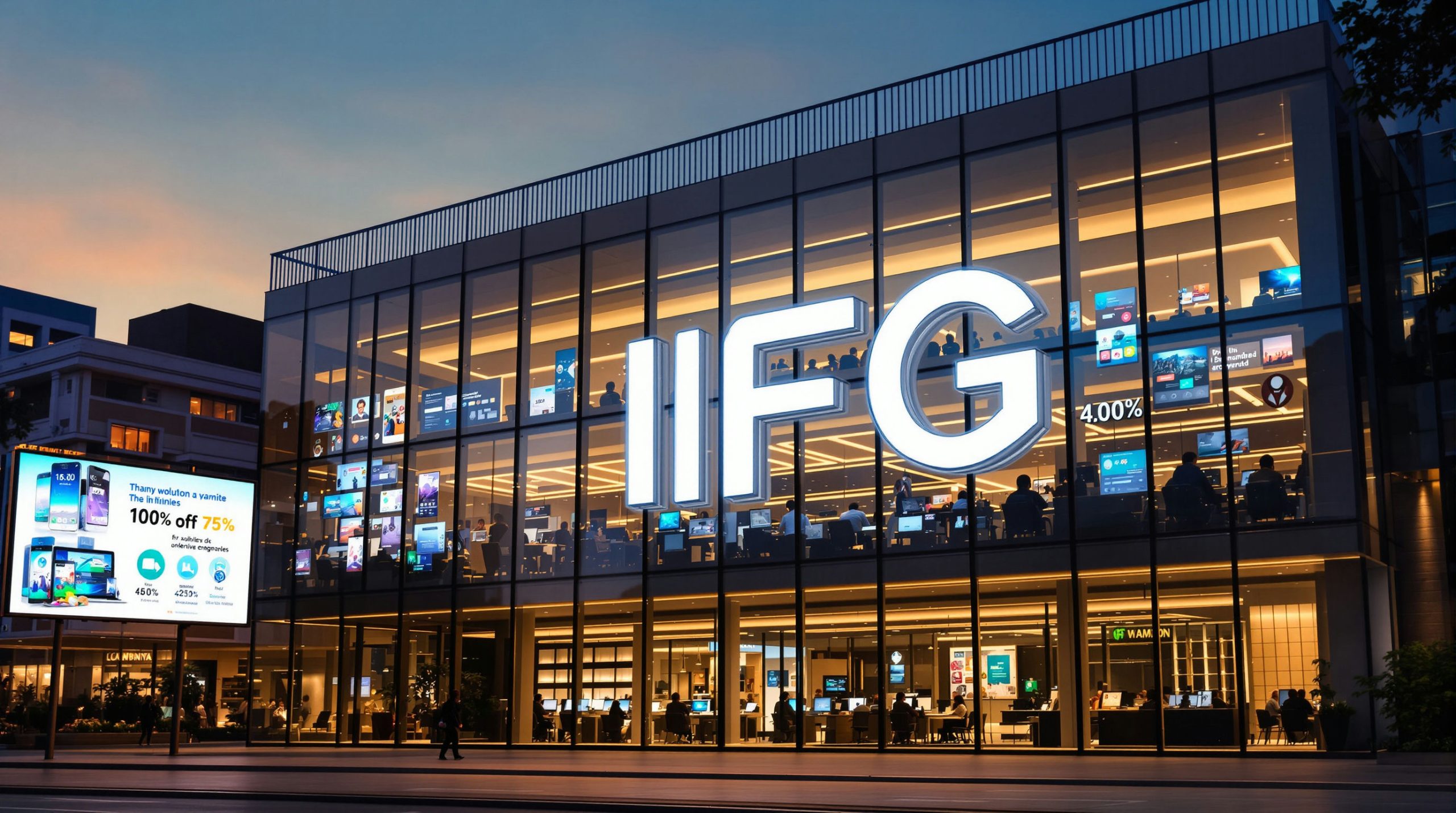 Glass facade with large sign