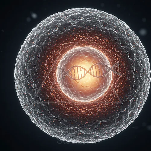 Micrographic illustration of a virus on a cell membrane with a glowing DNA double helix — 8K royalty-free microscopic stock photo
