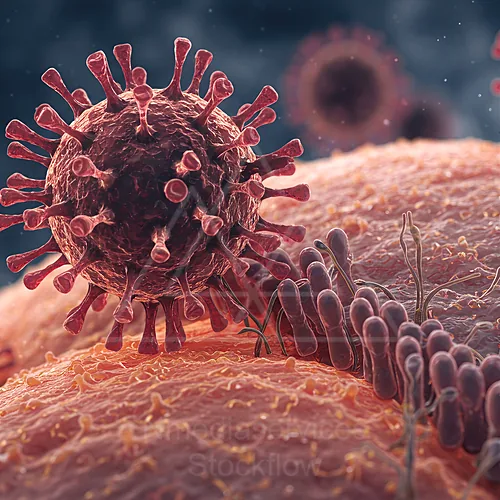 Close-up of a red virus particle with spike-like projections attached to a textured cell membrane — 8K royalty-free microscopic stock photo