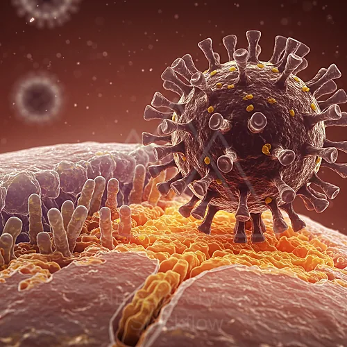 Close-up illustration of a virus particle attaching to a cell membrane — 8K royalty-free microscopic stock photo