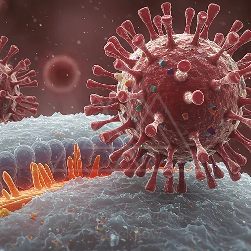 Close-up illustration of a virus on a cell membrane — 8K royalty-free microscopic stock photo