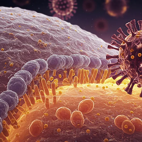 Macro illustration of a virus interacting with a cell membrane, showing the bilayer surface and surrounding cellular components — 8K royalty-free microscopic stock photo