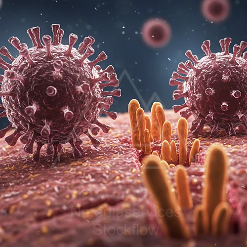 Close-up illustration of viruses on a cell membrane with bacterial structures — 8K royalty-free microscopic stock photo