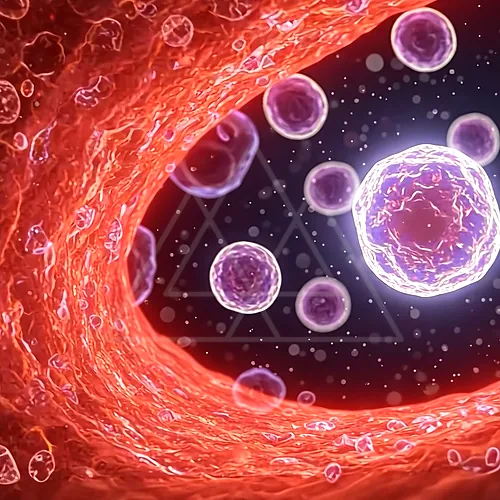 Virus on a cellular membrane with several purple, round cells in a red tissue background — 8K royalty-free microscopic stock photo