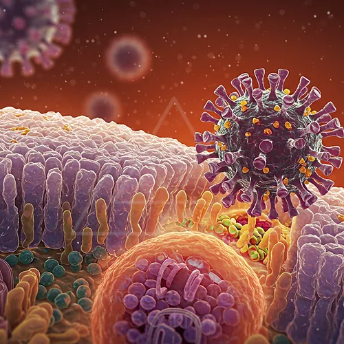 Colorful 3D illustration of a virus particle attaching to a cell membrane, with surrounding membrane proteins and cellular structures — 8K royalty-free microscopic stock photo