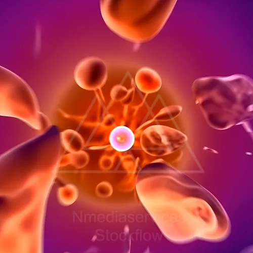Colorful close-up illustration of a virus interacting with a cell membrane, with glowing central core and surrounding viral particles — 8K royalty-free microscopic stock photo