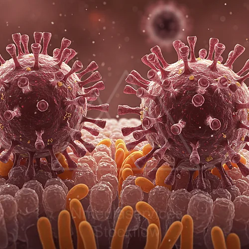Close-up of virus particles with spike proteins on a cell membrane — 8K royalty-free microscopic stock photo