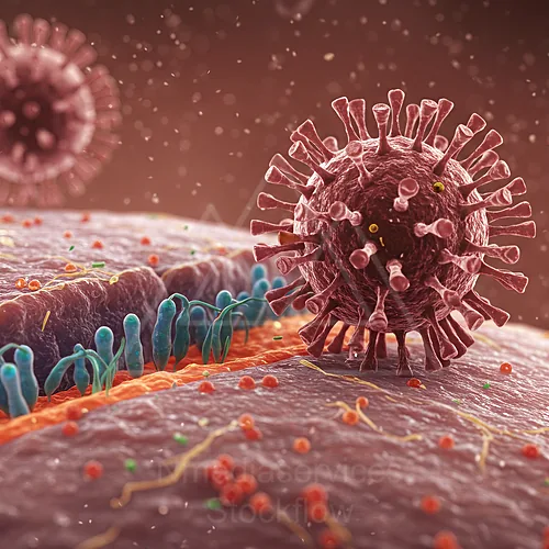 Illustration of a virus particle interacting with a cell membrane, showing membrane proteins and surface receptors — 8K royalty-free microscopic stock photo