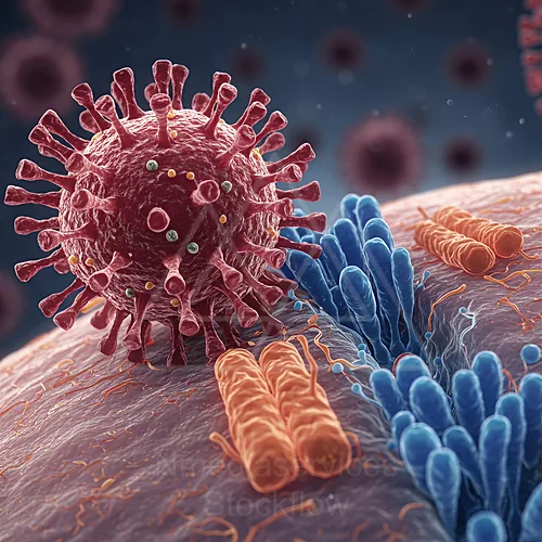 Close-up of a virus attached to a cell membrane with surrounding membrane proteins — 8K royalty-free microscopic stock photo