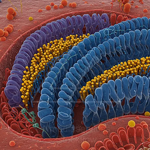 Colorized cell membrane featuring blue transmembrane proteins forming channels with yellow molecules embedded in the lipid bilayer — 8K royalty-free microscopic stock photo