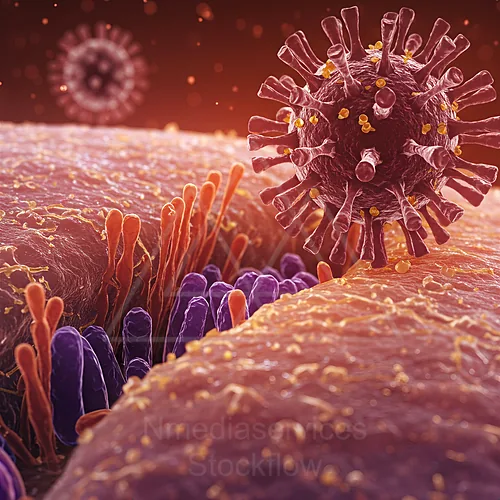Close-up illustration of a virus particle on a cellular membrane — 8K royalty-free microscopic stock photo