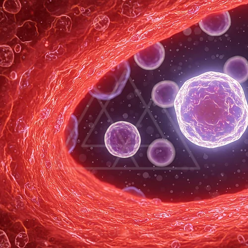 Close-up of a virus interacting with a cell membrane, with spherical cells in a vascular, red-turred environment — 8K royalty-free microscopic stock photo