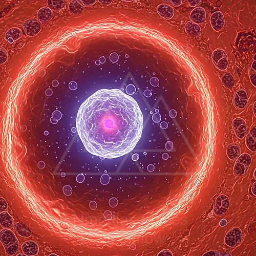 Illustration of a glowing virus-like particle at a cellular membrane inside a red blood vessel, surrounded by circulating cells — 8K royalty-free microscopic stock photo