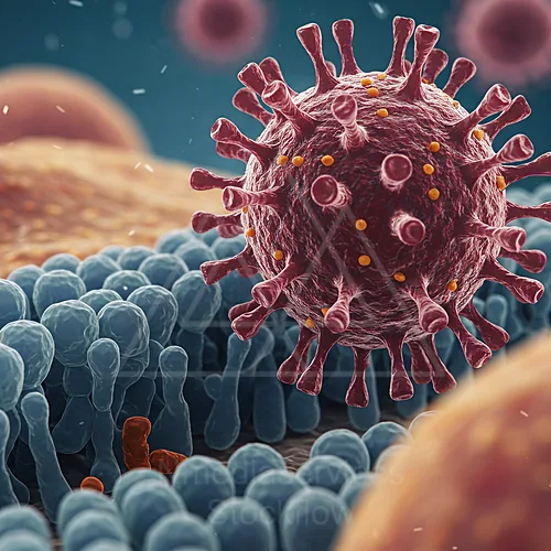 Close-up illustration of a red virus with spike proteins attached to a blue cell membrane — 8K royalty-free microscopic stock photo