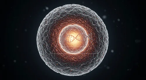 Micro image of a virus on a cell membrane with a glowing interior and a DNA double helix — 8K royalty-free microscopic stock photo
