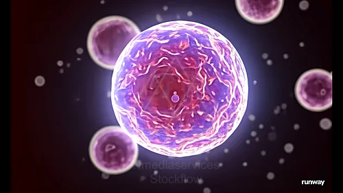 Close-up of a colorful virus on a cell membrane, with surrounding cells in the background — 8K royalty-free microscopic stock photo