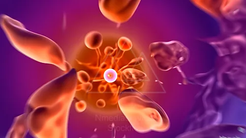 Illustration of a virus particle attaching to a cell membrane, with surrounding cellular structures in warm orange and purple hues — 8K royalty-free microscopic stock photo