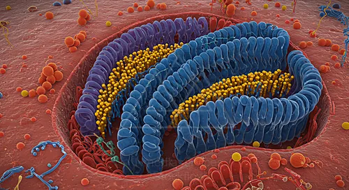 A detailed cross-section of a cell membrane showing blue transmembrane channels with yellow protein complexes embedded in the lipid bilayer, surrounded by orange and yellow molecules — 8K royalty-free microscopic stock photo