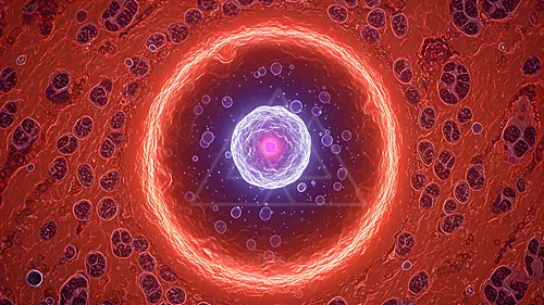Illustration of a virus on a cellular membrane, featuring a glowing central core and a surrounding red tissue environment — 8K royalty-free microscopic stock photo