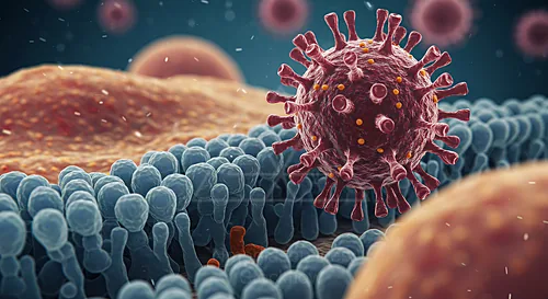 Close-up illustration of a virus on a cellular membrane with blue membrane cells — 8K royalty-free microscopic stock photo