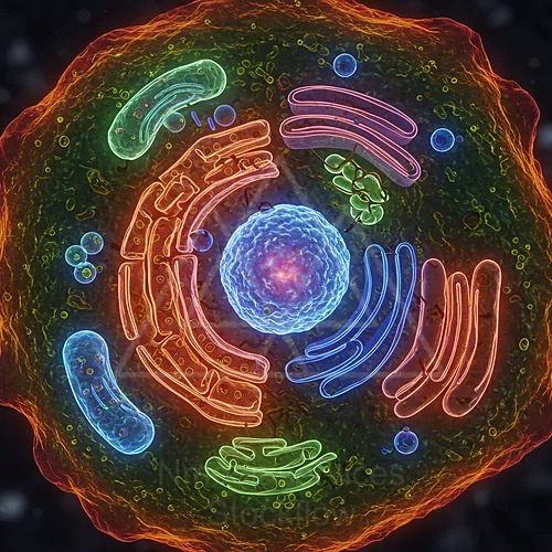 Colorful 3D illustration of a eukaryotic cell with prominent organelles and membranes — 8K royalty-free microscopic stock photo
