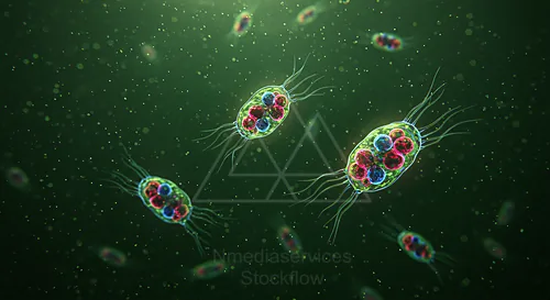 Colorful waterborne protozoa swimming in a green aquatic scene — 8K royalty-free microscopic stock photo