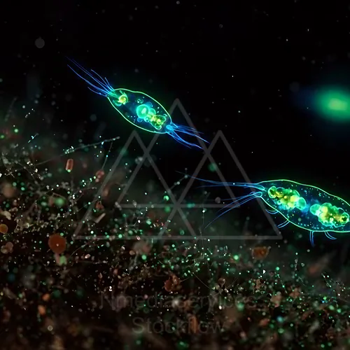 Bioluminescent micro-organisms glowing green and blue in a dark underwater scene — 8K royalty-free microscopic stock photo