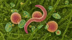 Colorful micrograph of protozoa and other single-celled organisms among filamentous structures — 8K royalty-free microscopic stock photo