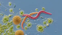 Microscopic scene of protozoa and a pink worm‑like organism among green algal cells — 8K royalty-free microscopic stock photo