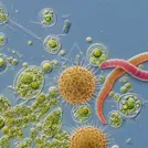 Microscopic scene of protozoa and algae, featuring a spiky round protozoan and a pink worm among green cells — 8K royalty-free microscopic stock photo