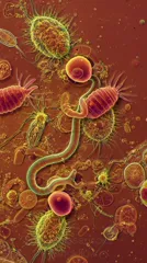 Microscopic view of protozoa and microorganisms; a coiled, worm-like protozoan amid numerous circular vesicles and cells — 8K royalty-free microscopic stock photo