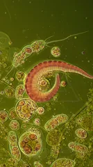 Microscopic view of protozoa and microorganisms; a coiled, worm-like protozoan amid numerous circular vesicles and cells — 8K royalty-free microscopic stock photo