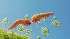 Two orange segmented protozoa swimming among green round cells in a blue micrograph — 8K royalty-free microscopic stock photo