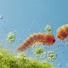 Colorful microscopic illustration of a segmented orange protozoan surrounded by round green cells and bubbles — 8K royalty-free microscopic stock photo