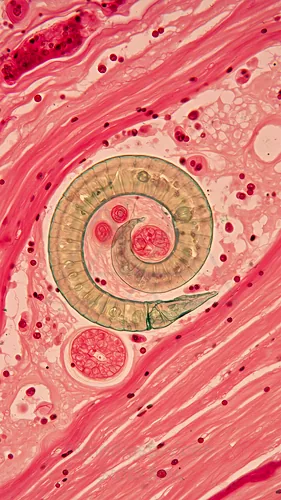 Cross-section of a parasitic micro-worm (likely a nematode) within tissue, showing its cuticle and internal organ structures — 8K royalty-free microscopic stock photo