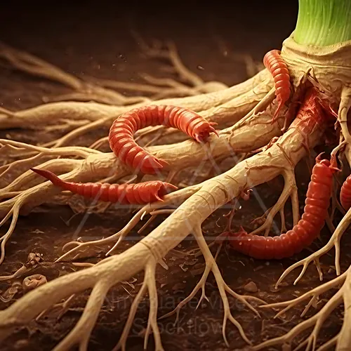 Close-up of red, segmented parasitic worms entwined around plant roots — 8K royalty-free microscopic stock photo