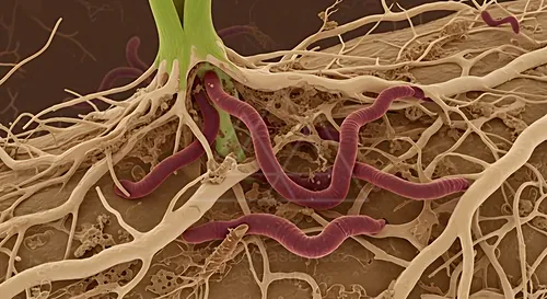 Close-up of purple parasitic nematodes intertwined with light-colored tissue fibers — 8K royalty-free microscopic stock photo