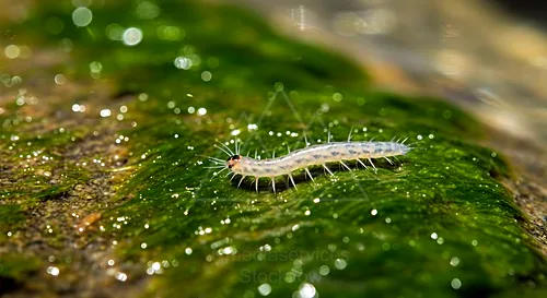 Translucent worm with bristles crawling on green algae — 8K royalty-free microscopic stock photo